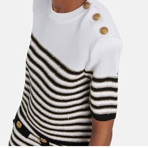 Balmain 3-Button Metallic Paillette Striped Knit Top Size 46